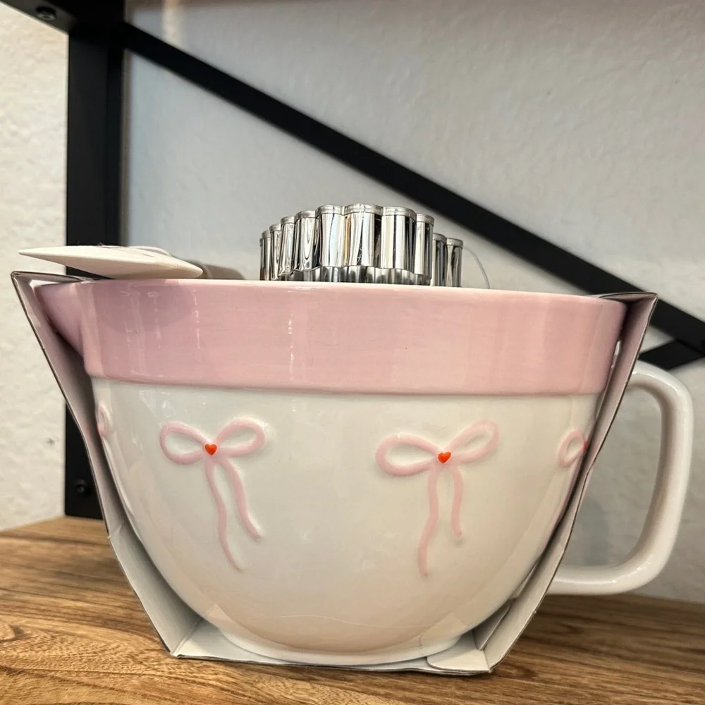 The Bakeshop Bow Ceramic Mixing Bowl Set with spatula, cookie cutters &‎ recipe.